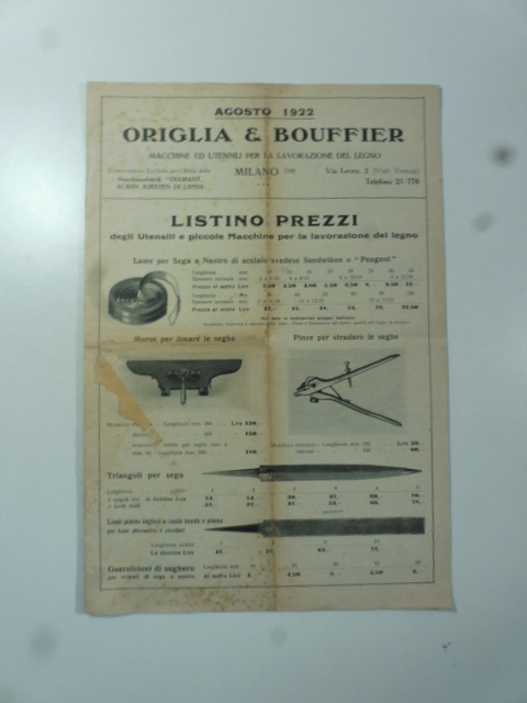 Origlia & Bouffier. Macchine ed utensili per la lavorazione del legno. Listino prezzi agosto 1922